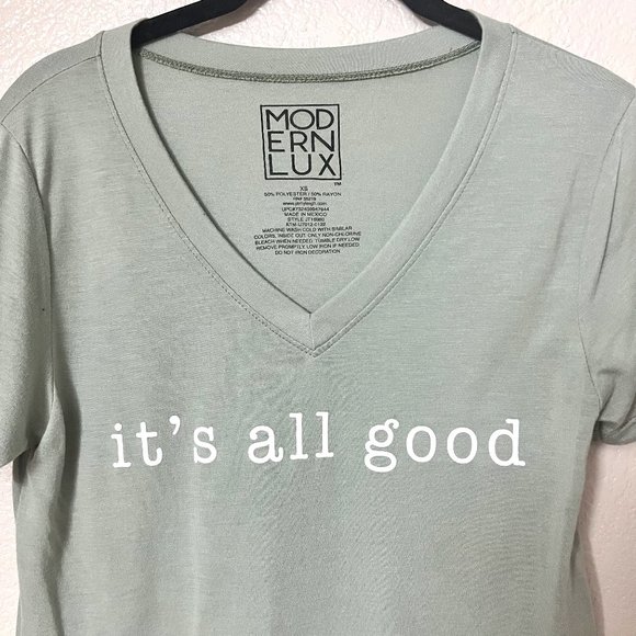 Modern Lux "It's All Good" Green V-Neck Short-Sleeve Tee (X-Small) - Picture 3 of 4